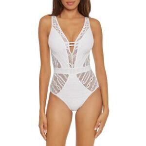 Becca Play Crochet Plunge One Piece Open Back Swimsuit White Medium
